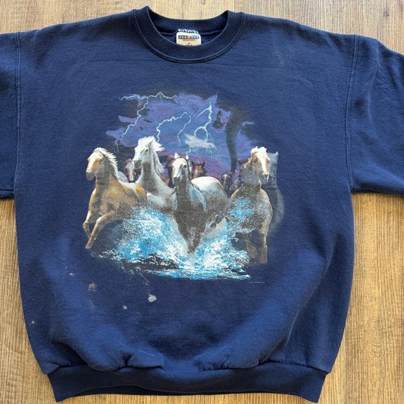 VTG Jerzees Wild Horses Country Western Crewneck Sweatshirt Blue Medium - Picture 2 of 9